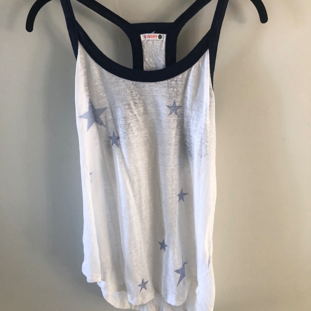 Like New! Sundry White Racerback Linen Tank With Blue Stars Sz 1 (small)